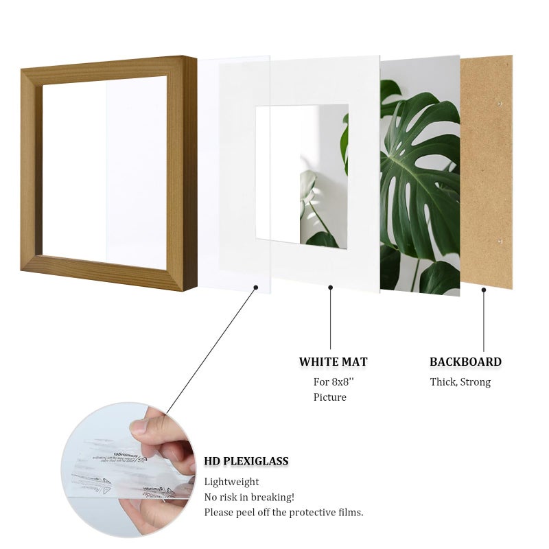 Egofine 11x11 Picture Frames 4 Pack Covered by Plexiglass, Display Pictures 8x8 with Mat or 11x11 Without Mat Made of Solid Wood for Table Top Display and Wall Mounting Photo Frame, Light Brown - Image 4